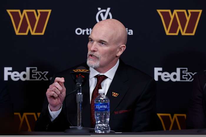 Feb 5, 2024; Ashburn, VA, USA; Washington Commanders head coach Dan Quinn speaks at his introductory press conference at Commanders Park.